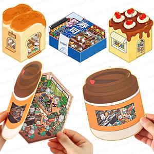 2.5D 만화 베이킹 숍 풍경 스티커 캐빈 장면 DIY 스티커 스태킹 붙여 넣기 축제 아이를위한 생일 선물