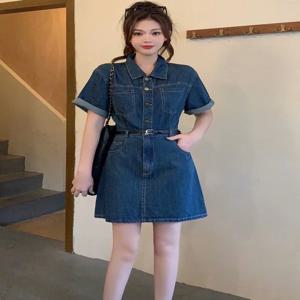 플러스 사이즈 여성 여름 슬리밍 데님 드레스 루즈핏 배 커버 롱 스커트 한국 스타일 A라인 드레스 반팔 폴로넥