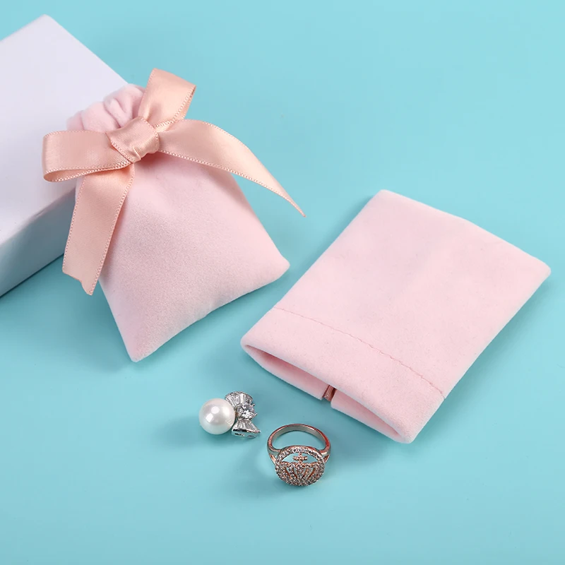 10 개/몫 7x9cm 핑크 벨벳 리본 가방 Drawstring 귀걸이 반지 목걸이 팔찌 웨딩 크리스마스 선물 보관 파우치