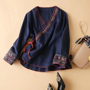 중국어 면화와 대마 자수 탑 여성 여름 새로운 동양 Hanfu 느슨하고 편안한 탑 중국 셔츠 중국 옷
