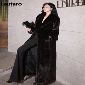 Lautaro 가을 겨울 여분의 긴 두꺼운 따뜻한 가짜 밍크 모피 코트 여성 목도리 칼라 소프트 맥시 우아한 푹신한 모피 오버 코트 2023