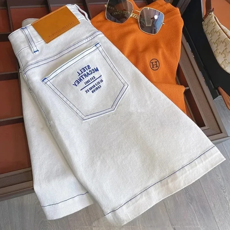 streetwear 하이 웨스트 화이트 데님 반바지 편지 인쇄 버튼 y2k 청바지 포켓 와이드 레그 바지 2024 뉴 여름 여성 의류