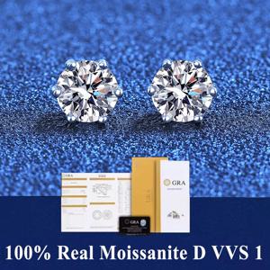 GRA 100% 진짜 스털링 실버 2 인증서 Moissanite 6 프롱 귀걸이 D 컬러 스터드 여성을위한 최고 품질의 웨딩 쥬얼리