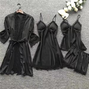 4PCS 잠옷 잠옷 세트 실크 여성 Nightdress 레이스 드레스 가운 수면 Nightwear 실크 솔리드 컬러 Pijama 세트
