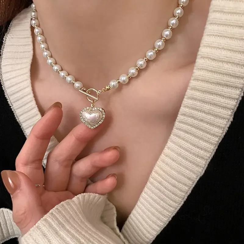 여성용 하트 모조 진주 화이트 인어 T 버클 펜던트 목걸이, 럭셔리 패션 파티 웨딩 주얼리 선물