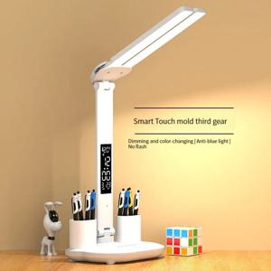 LED 시계 책상 램프, USB 충전식, 플러그인, 조도 조절식 책상 램프, 2 헤드 180, 회전식 접이식, 눈 보호, 독서 야간 조명