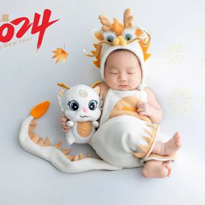 아기 사진 의류 세트 부드러운 패브릭 바느질 드래곤 복장 아기 소년 Romper 및 모자 신생아 사진 소품
