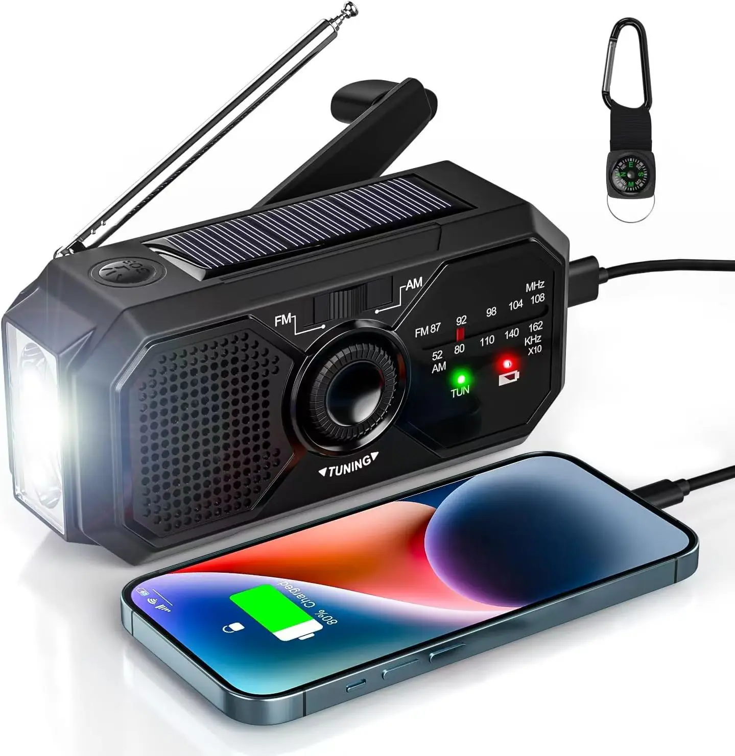 휴대용 태양광 라디오, 비상 키트 크랭크가 있는 응급 처치 라디오, 다이나모 AM/FM 라디오, 정전 발전소, USB 전화 충전기
