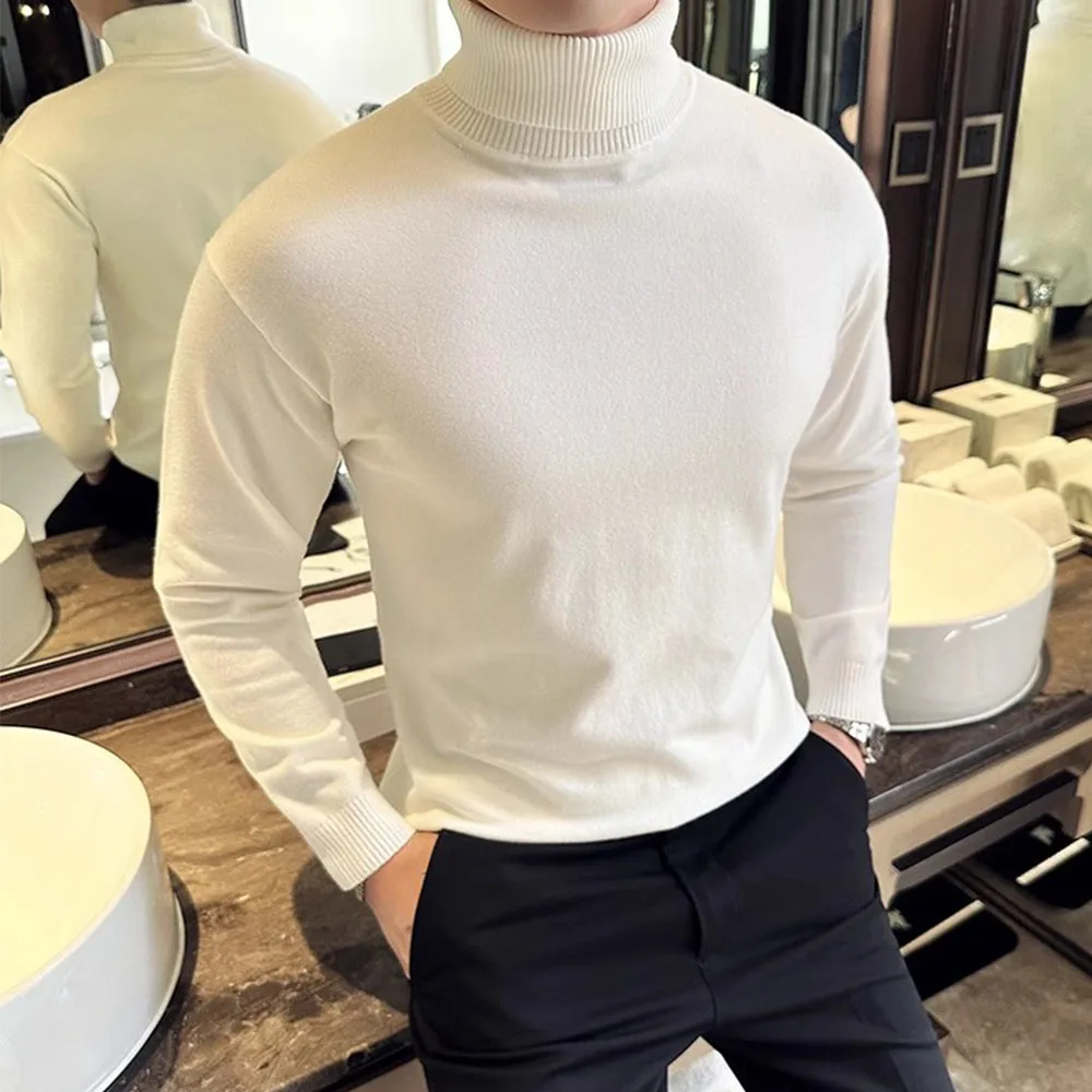 한국어 패션 가을 겨울 스웨터 남성 풀오버 양털 터틀넥 니트 스웨터 따뜻한 바닥 셔츠