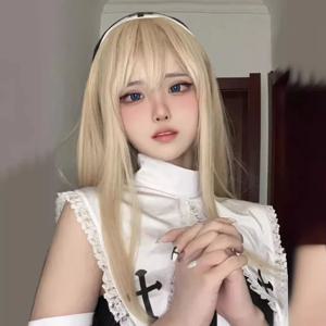 금발 합성 가발 숙녀 긴 직선 머리 푹신한 공기 앞머리 백인 여성을위한 전체 머리 가발 매일 파티 사용 26 인치
