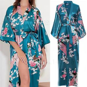 대형 3XL 꽃 기모노 목욕 가운 가운 여성 긴 가운 잠옷 인쇄 공작 새틴 잠옷 홈 드레스 느슨한 Loungewear