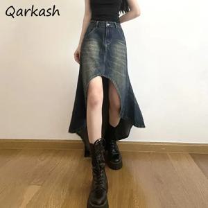 데님 여성용 워싱 레트로 미디 스커트, 불규칙한 디자인, 한국 유행 스트리트웨어, 힙스터 캐주얼 패션, 올매치 하이웨이스트