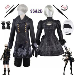 Anime Nier Automata 코스프레 9S Yorha 2B 코스프레 정장 남성 여성 의상 가발 변장 의상 플러스 사이즈 멋진 파티 블랙 드레스