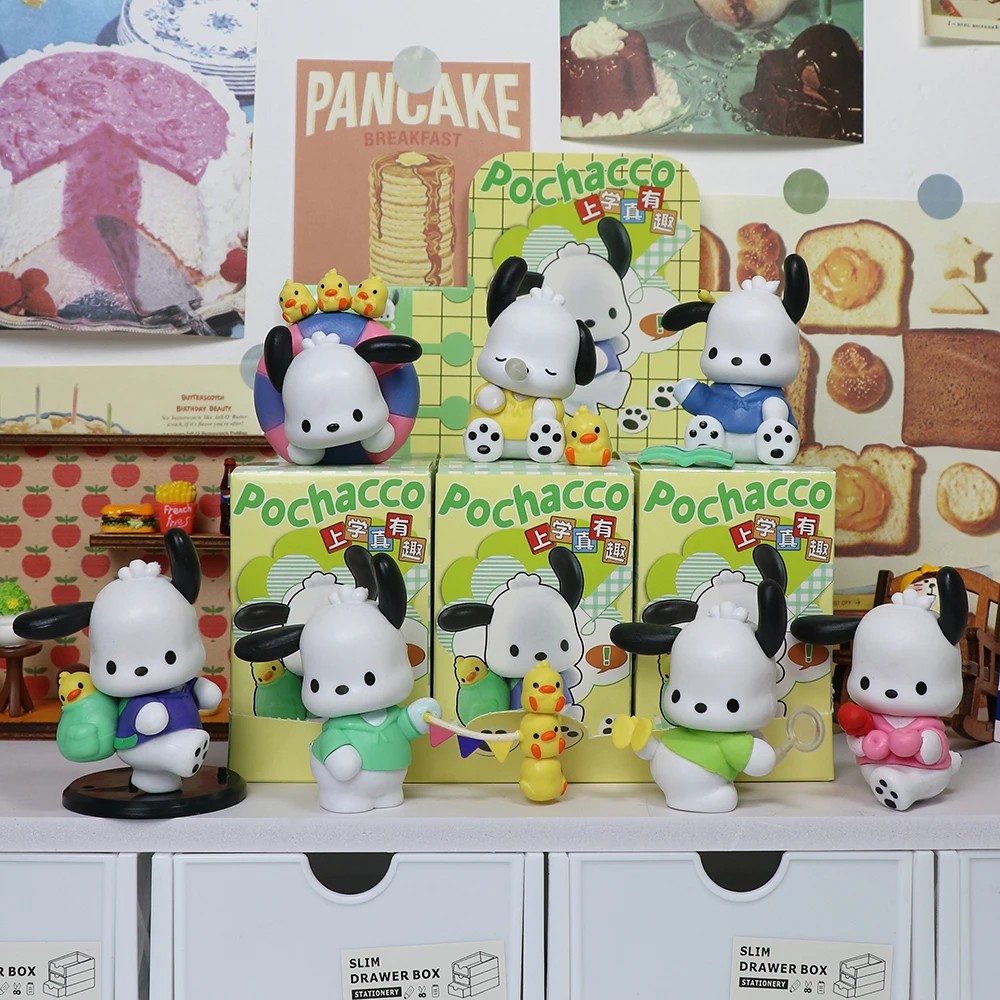 Sanrio Pochacco 학교에 가십시오 만화 애니메이션 피규어 인형 모델 장식 액션 피규어 취미 어린이 장난감 크리스마스 선물