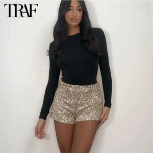 TRAF 스팽글 미니 반바지 여성 여성용 럭셔리 복서 반바지 반짝이 중반 허리 여성 반바지 streetwear 패션 여성 반바지