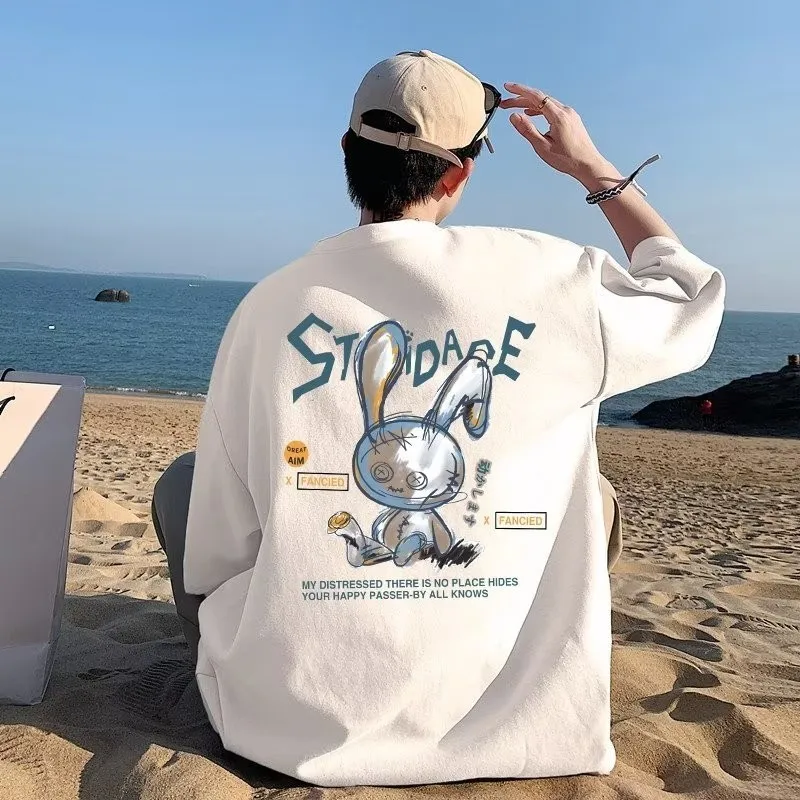 남성용 오버사이즈 한국 패션 루즈 아메리칸 러브 인형, 토끼 프린트, 반팔 라운드 넥, 다목적 트렌드 커플 복장, 8XL