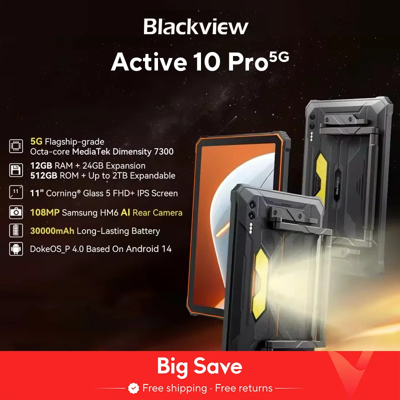 월드 프리미어 Blackview Active 10 Pro 견고한 태블릿, 5G MTK 7300, 11 인치 FHD + 디스플레이, 12GB 512GB, 30000mAh 배터리, 108MP 카메라