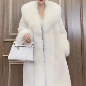 가짜 모피 코트 여성 롱 코트 두꺼운 따뜻한 턴 다운 칼라 오픈 스티치 봄 겉옷 재킷 우아한 스플 라이스 가을 겨울