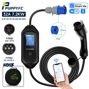 Puppyfc 7.2KW Type1 EV 충전기 32A 1상 Type2/GBT Wallbox 전기 자동차 보증 EVSE 고속 충전 CEE 플러그 WiFi 제어