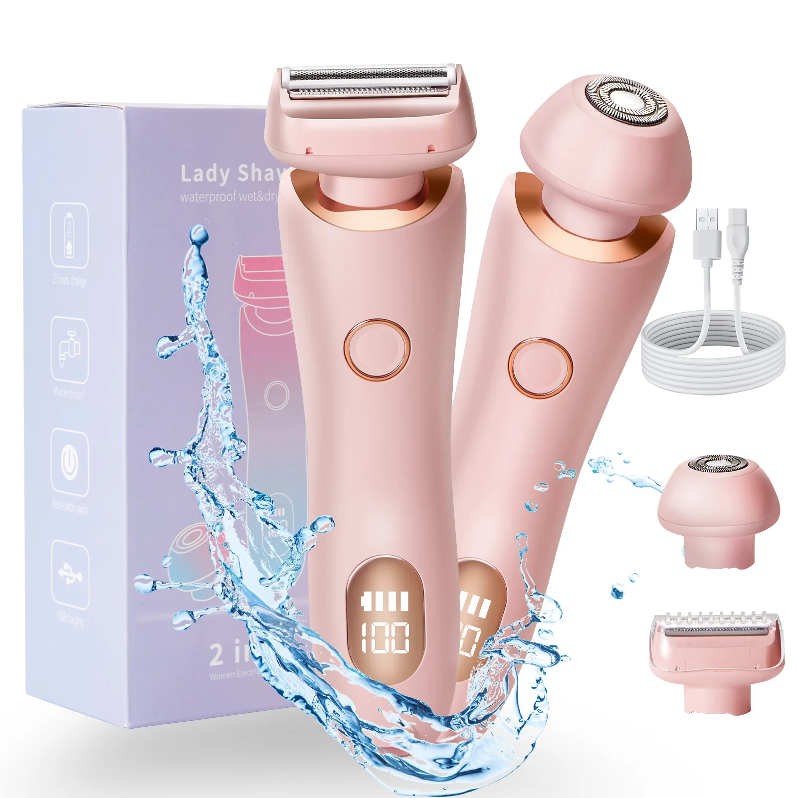 여성용 전기 면도기, 2 in 1 비키니 트리머, 얼굴 면도기, 겨드랑이 다리 제모, 여성용 바디 트리머, IPX7 방수