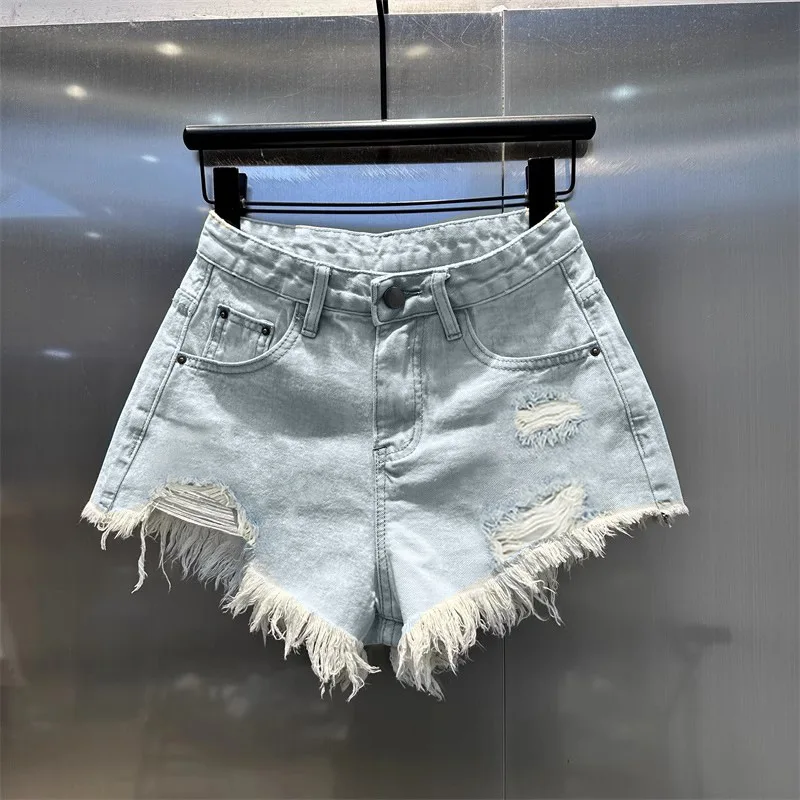 레트로 불규칙한 오래된 찢어진 데님 반바지 여성 여름 낮은 허리 디자인 청바지 핫 바지 하늘색
