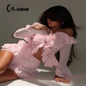 CNYISHE 슬래시 넥 플레어 긴 소매 홀터넥 패션 요정 세련된 섹시한 클럽 정장 여성 세트 외장 여성 2 피스 (탑 + 스커트