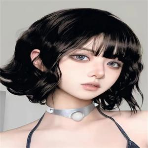 검은 색 짧은 곱슬 머리 고품질 합성 가발 패션 자연 큰 파도 가발 숙녀 가발