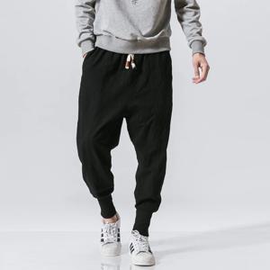봄 캐주얼 오버 사이즈 하렘 바지 남성 streetwear 솔리드 ​​컬러 하라주쿠 헐렁한 바지 코튼 린넨 신축성있는 허리 조깅 남성용