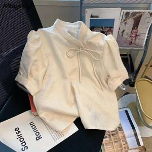 여성용 올 매치 불규칙 우아한 중국 스타일 블라우스, 여름 빈티지 스트리트웨어, 캐주얼 솔리드 만다린 칼라, 여성용 시크 탑