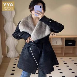 정품 에코 빈티지 리얼 모피, 우아한 밍크 모피 칼라, 따뜻한 울 라이너, 미디엄 롱, 정품 가죽 시어링 코트, 겨울