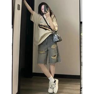 여성용 데님 반바지, 루즈 와이드 레그 미들 팬츠, 깨진 구멍 술 데님 스트레이트 브레스트 청바지, 여름 스트리트 신상