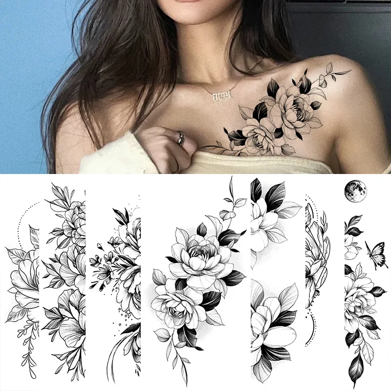 여성을위한 대형 검은 꽃 패턴 가짜 문신 스티커 도트 장미 모란 임시 문신 DIY 물 전송 문신 소녀