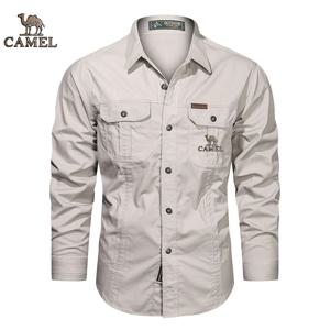 2024 Camel Authentic Emblem 봄, 가을 시즌 남성용 긴팔 퓨어 코튼 캐주얼 솔리드 컬러 셔츠를위한 새로운 셔츠