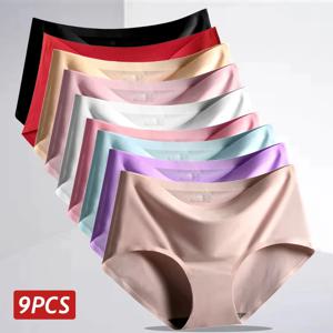 9 Pcs 여성을위한 원활한 얼음 실크 팬티 통기성 부드러운 컴포트, 솔리드 컬러 십대 소녀 팬티, 원피스 디자인