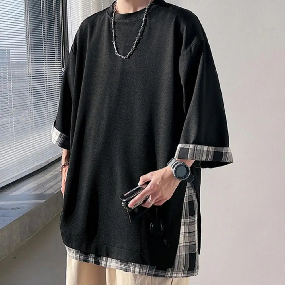 여름 남성 티셔츠 한국 스타일 느슨한 가짜 투피스 중간 길이 플러스 사이즈 3/4 슬리브 streetwear 야외 탑