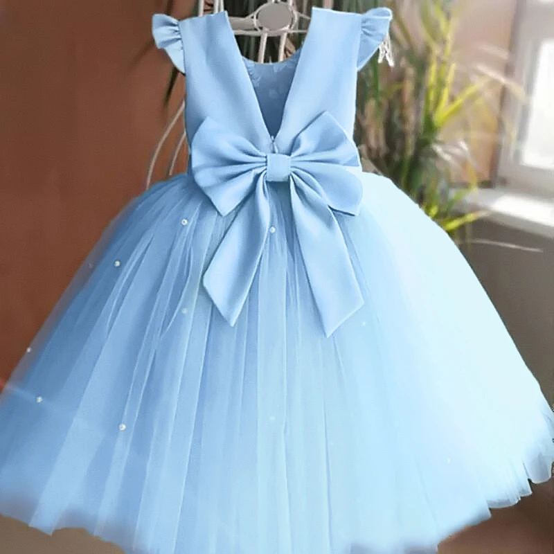 유아 소녀 꽃 생일 Tulle 드레스 Backless 활 웨딩 드레스 키즈 파티 착용 공주 블루 드레스 아기 소녀 Bowknot 드레스