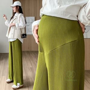 용수철 플리츠 쉬폰 임산부 바지, 넓은 다리, 느슨한 스트레이트 밸리 바지, 임산부용 의류, 여름 패션
