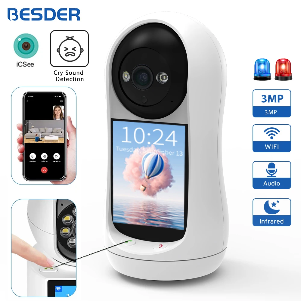 BESDER 3MP PTZ Wifi 카메라 비디오 통화, 2.8 인치 IPS 스크린 Baby Cry 사운드 감지 보안 IP 카메라 베이비 모니터 iCSee