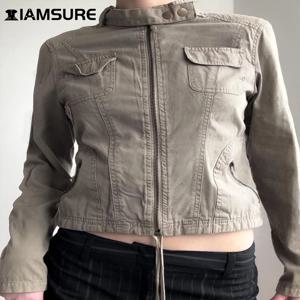 IAMSURE 사파리 스타일 큰 포켓 지퍼 재킷, 캐주얼 솔리드 터틀넥 긴 소매 코트, 22024 가을 겨울 패션 레이디