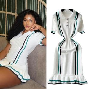 여성 컬러 패치 워크 프릴 밑단 니트 미니 드레스 버튼 폴로 넥 반팔 하이 스트레치 Bodycon 캐주얼 의상 Vestidos