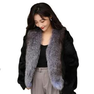 실버 블루 폭스 모피 칼라 토끼 모피 전체 가죽 모피 원피스 코트, 짧은 모피 코트, 2024 가을 및 겨울 신상
