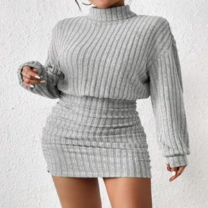 여성 가을 ​​겨울 패션 높은 목 니트 스웨터 드레스 여성 캐주얼 솔리드 느슨한 긴 소매 따뜻한 중간 길이 드레스
