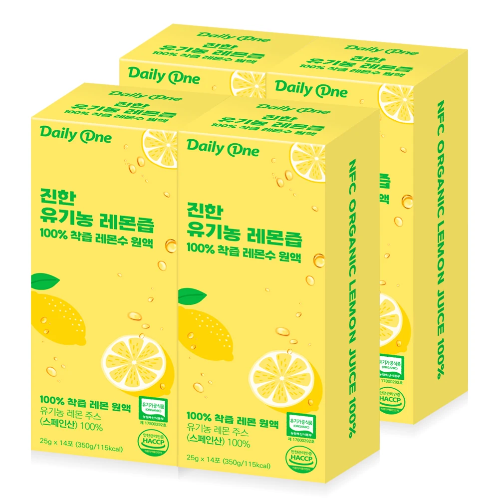데일리원 진한 유기농 레몬즙 100% 착즙 레몬수 원액 25g X 14포 4통