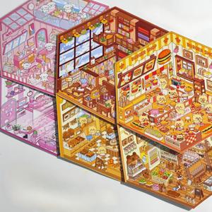 애완 동물 귀여운 만화 동물 미니어처 세계 3D 풍경 스티커 재미 Kawaii 어린이 DIY 룸 장식 장난감 선물 장면 레이아웃 스티커
