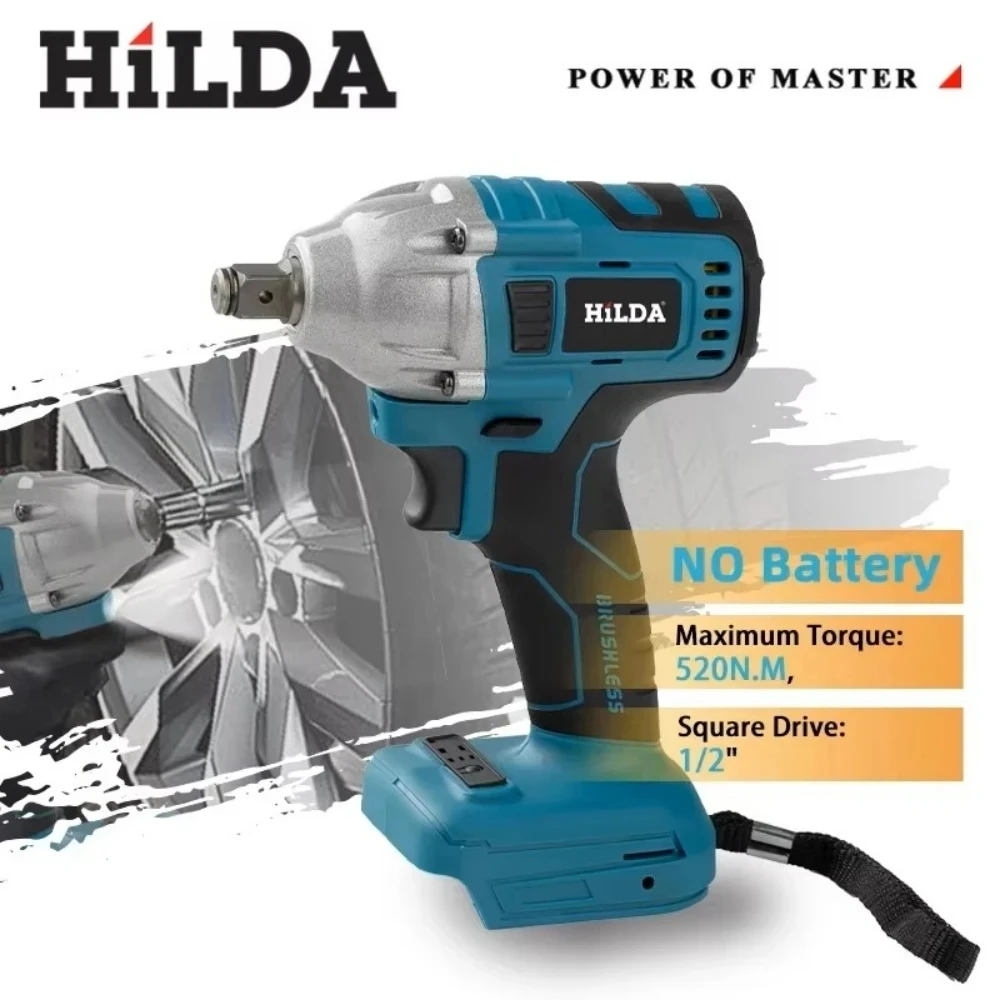 HILDA 18V 파란색 브러시리스 전기 임팩트 렌치 충전식 1/2 소켓 렌치 배터리 없이 무선