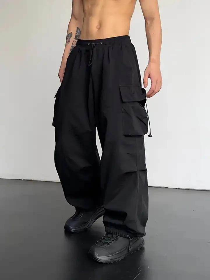 봄 여름 패션 캐주얼 팬 남성용 streetwear 솔리드 ​​컬러 카고 바지 신축성있는 허리 와이드 레그 남성용 조깅