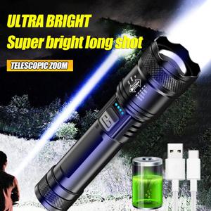 강력한 LED 손전등 배터리 디스플레이, USB 충전식 조명, 텔레스코픽 줌 토치 램프, 야외 캠핑 낚시 랜턴