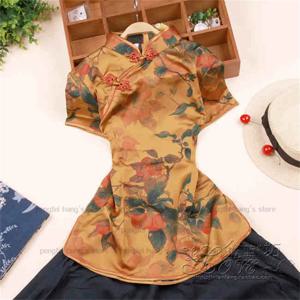 새틴 Qipao 탑 레이디 우아한 블라우스 꽃 프린트 Cheongsam 셔츠 전통 중국 스타일 당나라 옷 여름 가을 새로운 의상