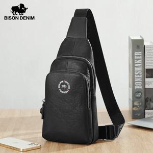 BISON 데님 남성용 정품 가죽 크로스바디 백, 다기능 지퍼 숄더백, 캐주얼 가슴 허리 팩, 신제품