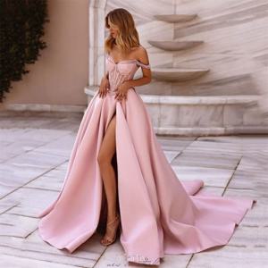 Cathy 핑크 오프 숄더 진주 댄스 파티 드레스 사이드 하이 스플릿 vestidos de noiva 맞춤형 a 라인 코트 트레인 이브닝 가운 2025